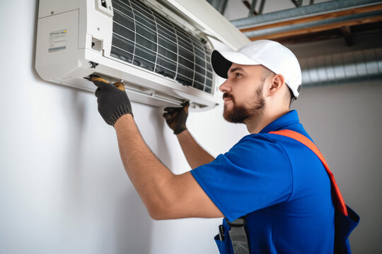 HVAC technician installing a mini split air conditioner in Castle Rock