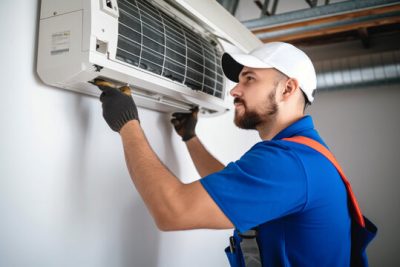 Air conditioning technician servicing a wall-mounted AC unit in Castle Rock, CO
